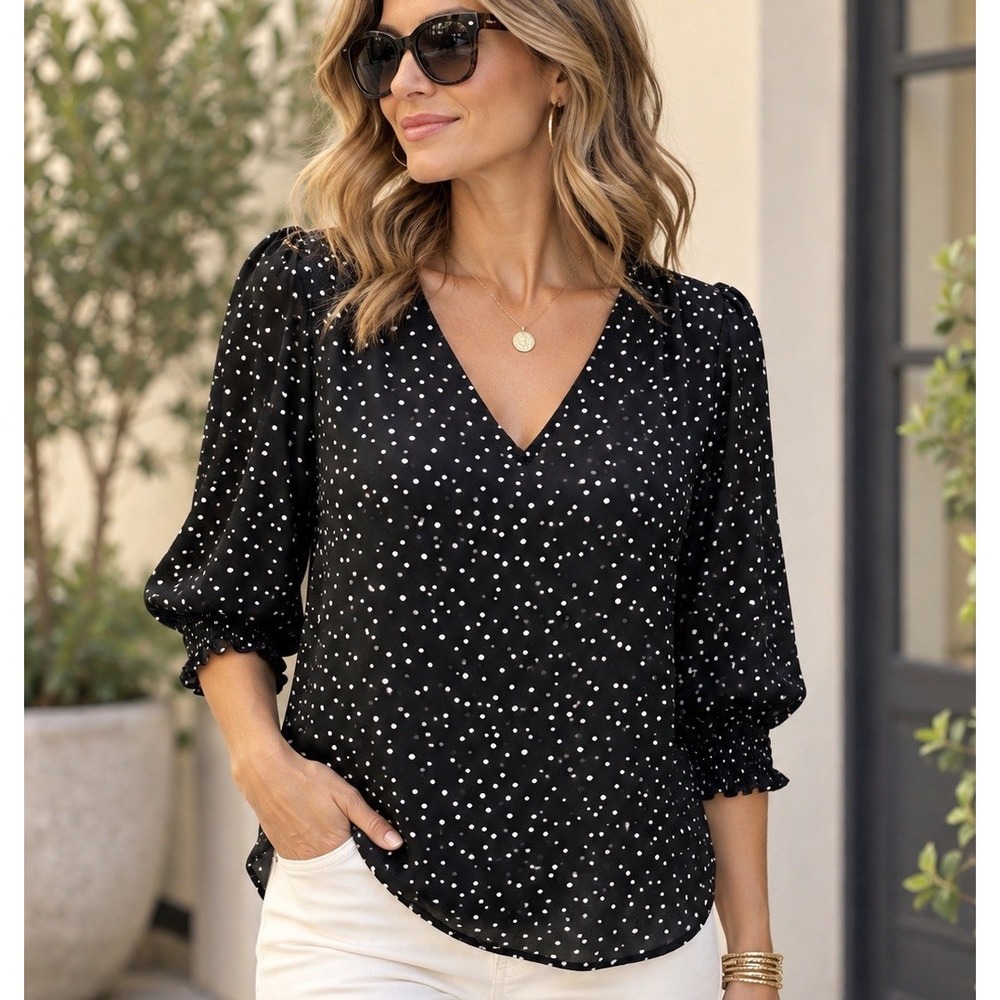 Ann Taylor LOFT Blouse S/M Pullover Puff Sleeve Career CASUAL Office Polka Dot